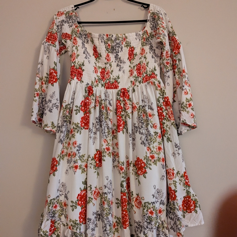 Torrid Mini Challis off-shoulder white floral bell sleeve smocked skater dress 1 - Picture 7 of 7